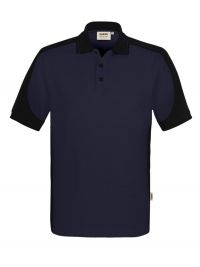 Dunkelblaues Herren Arbeits Poloshirt mit schwarzen Kontrasteinsätzen und Drei-Loch-Knopfleiste – strapazierfähig und pflegeleicht für Handwerk, Pflege und Gastronomie